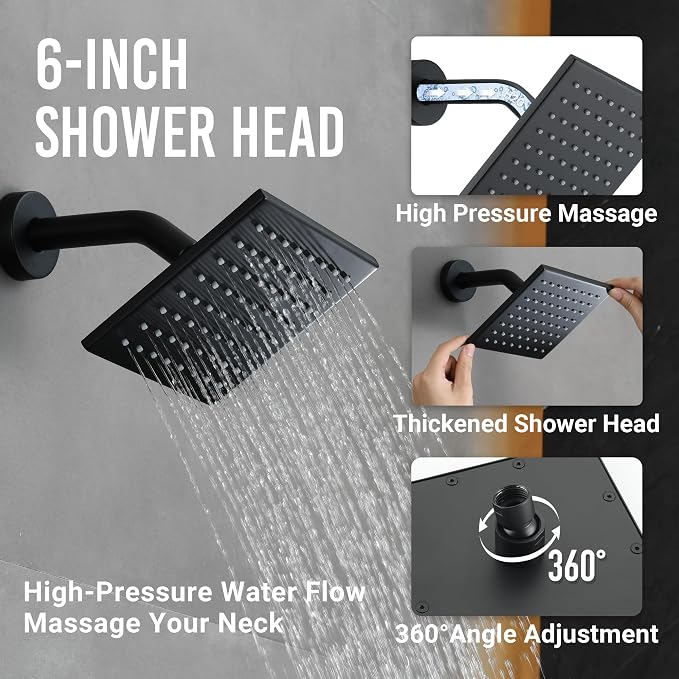 Thermostatic Dual Shower Head System, Matte Black Shower Faucet | 12 Inch Ceiling Rainfall Shower, 6 Inch Wall Mount Head, High Pressure Handheld Sprayer, Push Button Valve