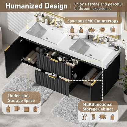 60" Bathroom Vanity with Sink Combo, Floating Double Sink Bathroom Vanity with SMC Resin Top, MDF Cabinet with Solid Wood Frame, Wall-Mounted Bath Room Vanities for Large Bathrooms (60''-Black)