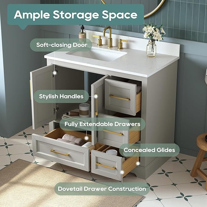 36 Inch Bathroom Vanity with Sink Combo, Solid Wood Frame with Mable Top &Backspalsh, Fully-Assembled with Soft-Closing Doors & 4 Drawers, Greige