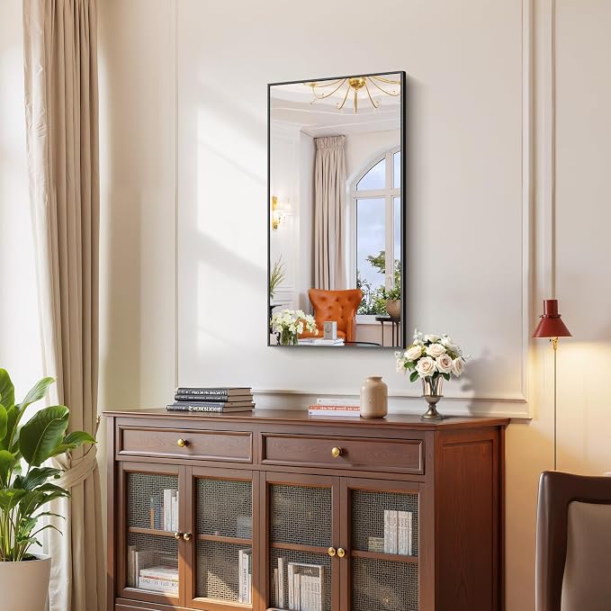 YIROMAN Bathroom Mirror 20"x40", Matte Black Bathroom Mirror for Over Sink with Aluminum Frame, Rectangular Vanity Mirror with Right Angles, Wall Mirror Hangs Horizontal or Vertical, Shatterproof