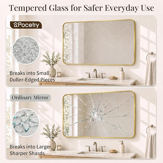 30x48 Inch Brushed Gold Rounded Rectangle Bathroom Vanity Mirror | For Over-Sink Bathrooms, Corrosion-Resistant Aluminum Frame, Slim Front Profile, Vertical or Horizontal Layout