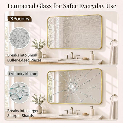 30x48 Inch Brushed Gold Rounded Rectangle Bathroom Vanity Mirror | For Over-Sink Bathrooms, Corrosion-Resistant Aluminum Frame, Slim Front Profile, Vertical or Horizontal Layout