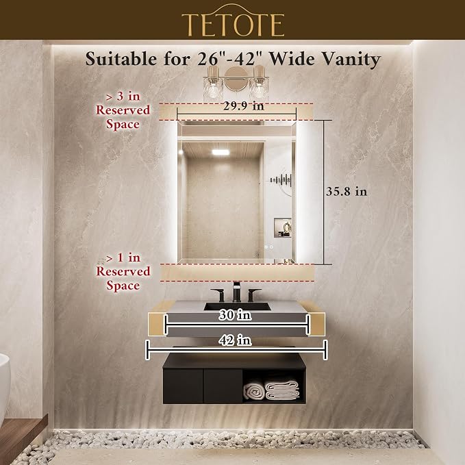 30 x 36 Backlit Mirror Bathroom, LED Vanity Mirror with Beveled Edge, Tempered Glass, 3 Colors Lights, Anti-Fog, Adjustable Brightness, Memory Function, Frameless LED Vanity Wall Mirror