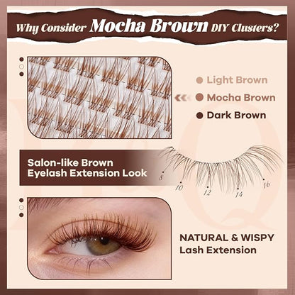 B&Q Brown Velure Lash Clusters Kit Natural Lashes Clusters, Wispy Light Brown Eyelash Cluster Kit C-8-16mm DIY Lash Eyelashes for Fair/Dark Hair, Lightweight & Invisible Band(Mochalash Velure 05 Set)