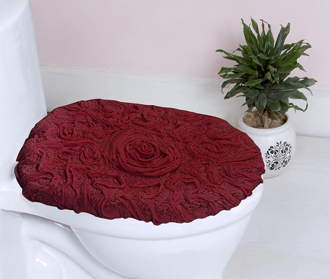 Home Weavers Bell Flower Toilet Lid Cover – 18"x18", 100% Cotton Tufted, Soft & Absorbent, Non-Slip, Machine Washable Bathroom Seat Cover, Red