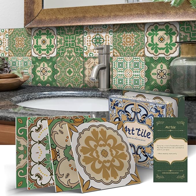 6X6 in Green Mandala Tile Stickers,12Pcs Wall Tile Decals | 1.6mm-Thick Foam+PE Tiles,Self Adhesive Backsplash Tile,Waterproof Removable Wall Decor for Kitchen,Bathroom