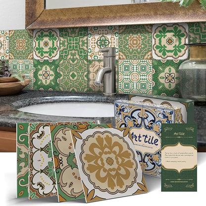 6X6 in Green Mandala Tile Stickers,12Pcs Wall Tile Decals | 1.6mm-Thick Foam+PE Tiles,Self Adhesive Backsplash Tile,Waterproof Removable Wall Decor for Kitchen,Bathroom