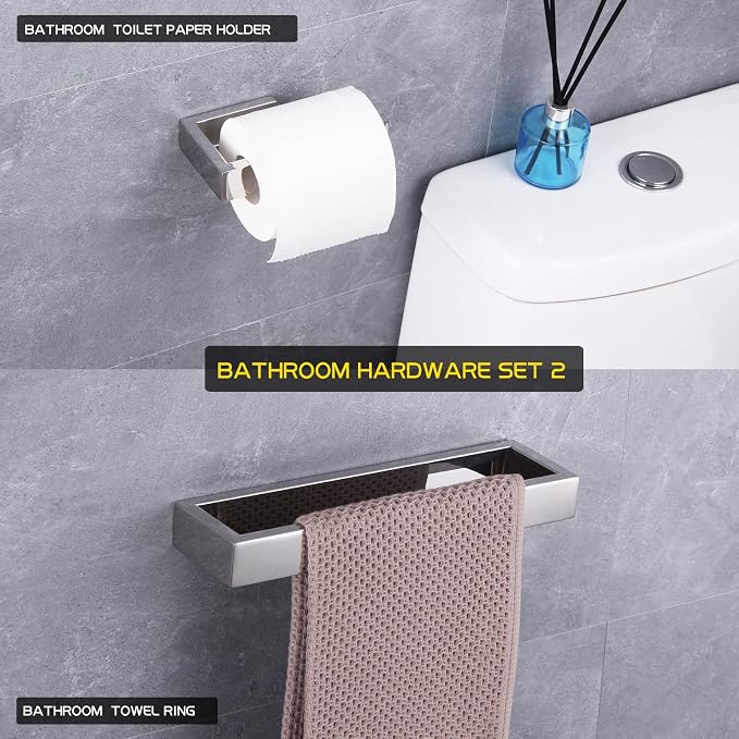 GERZWY 2-Piece Bathroom Accessory Set SUS 304 Stainless Steel Toilet Paper Holder Towel Ring Wall Mount, Polished Finish HG1708-2JG