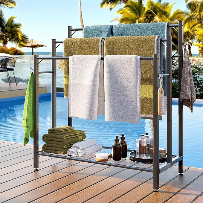 HavenlyYouth 3 Tier Towel Rack with Large Storage & 6 Hooks, Blanket Rack for Oversized Bath Towels, Free Standing Pool Towel Rack Stand for Bathroom Pool Indoor/Outdoor, 35.8" H x 31.5" L x 11.8" W
