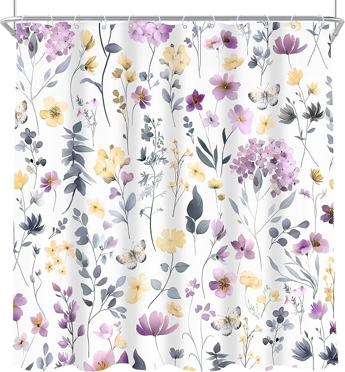 Purple Lilac Lavender Flower Floral Women Girls Bathroom Shower Curtain Set | 72"W x 72"H Girly Wildflower; waterproof HD print, quick-dry fabric and plastic hooks for easy setup.