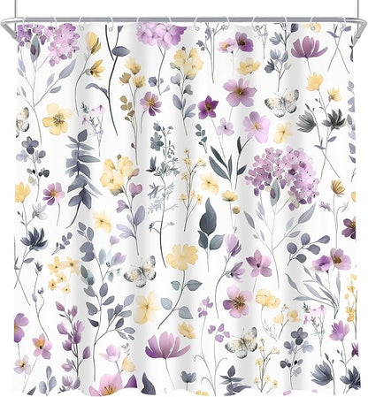 Purple Lilac Lavender Flower Floral Women Girls Bathroom Shower Curtain Set | 72"W x 72"H Girly Wildflower; waterproof HD print, quick-dry fabric and plastic hooks for easy setup.
