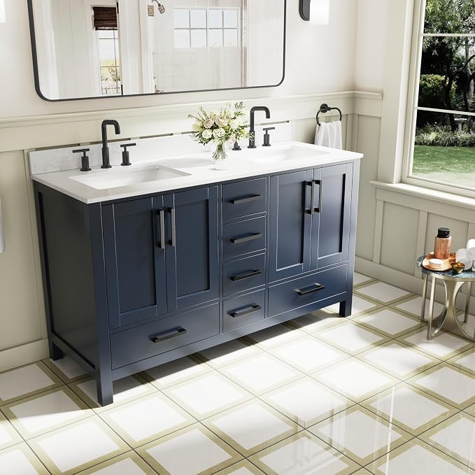 60-Inch Bathroom Vanity with Sink, 4 Soft-Close Doors and 6 Soft-Close Drawers, Bathroom Freestanding Vanity with Cultured Marble Countertop, Navy Blue Vanity with Matte Black Handles