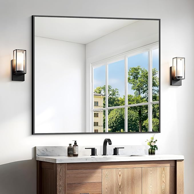 BONEWEI Bathroom Mirror,36x40 inch Wall Mirror for Bathroom Wall Mounted Black Rectangle Square Corner Mirrors, Black Bathroom Mirror for Living Room, Farmhouse, Bedroom Entryway, Horizontal/Vertical