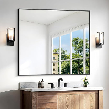 BONEWEI Bathroom Mirror,36x40 inch Wall Mirror for Bathroom Wall Mounted Black Rectangle Square Corner Mirrors, Black Bathroom Mirror for Living Room, Farmhouse, Bedroom Entryway, Horizontal/Vertical