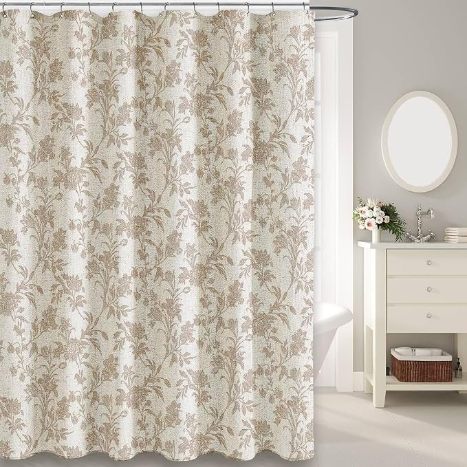 WOUVMA Extra Long Beige Shower Curtain Floral Cotton Linen Cottagecore Shower Curtain for Bathroom 96" L x 72" W