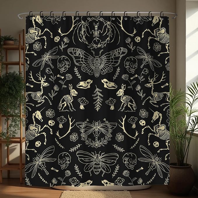 Black Gold Gothic Skeleton Skull Shower Curtain Set 72x84 Inches | Black Gold Gothic Skeleton Skull Print, Western Spooky Housewarming Gothic Lover Guest Bathroom Decor, With Hooks