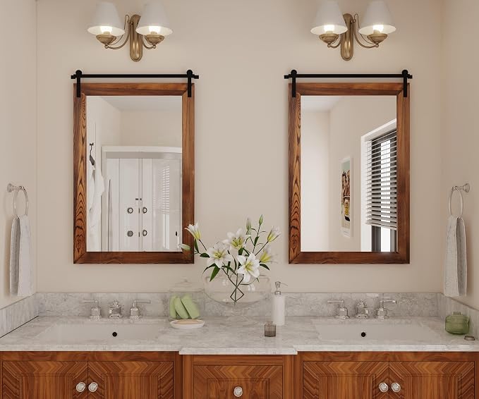 COGOOD Farmhouse Bathroom Mirrors for Over Sink - 38 x 25 Brown | Rustic Barn Door Wood Framed Vanity Mirror for Entryway, Living Room, Bedroom, Dresser Wall Decor