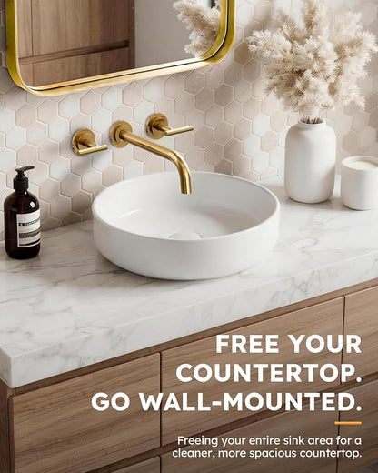 Wall Mount Bathroom Faucet - WOWOW Brushed Gold Bathroom Sink Faucet - 2 Handle Wall Mount Vessel Sink Faucet 3 Holes Elegant Classic Spout Rough in Brass Valve Included