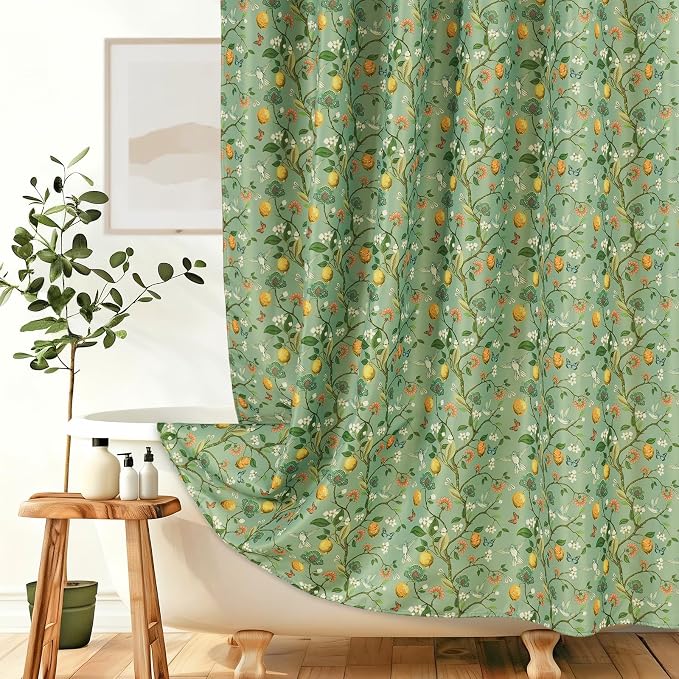 Green Floral Bird Shower Curtain, Hummingbird and Lemon Botanical Fabric Bath Curtains, Lightweight Quick-Dry Bathroom Shower Curtain Set with Hooks