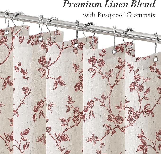 MitoVilla Burgundy Linen Floral Shower Curtain for Bathroom, 72 x 72 | Burgundy BoHo Cottagecore Spring Shower Curtains, Modern Farmhouse Country Plant Leaves Bathroom Décor, 72 x 72
