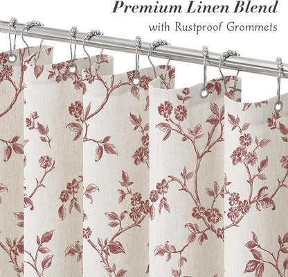MitoVilla Burgundy Linen Floral Shower Curtain for Bathroom, 72 x 72 | Burgundy BoHo Cottagecore Spring Shower Curtains, Modern Farmhouse Country Plant Leaves Bathroom Décor, 72 x 72
