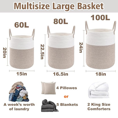 JMvicyroam 80L Cotton Rope Laundry Basket Hamper, Brown | Collapsible Laundry Basket, Reinforced Handles, Freestanding, Machine Washable, Holds 3-5 Thick Blankets, Clothes or Toys