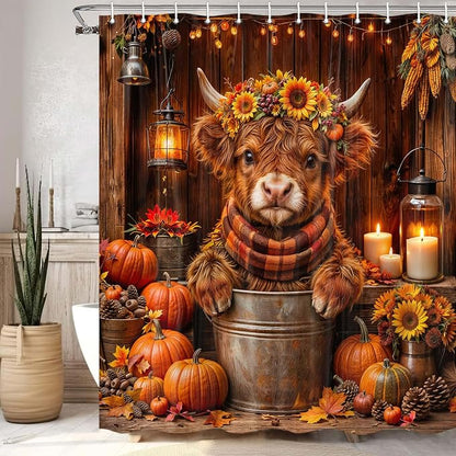Fall Highland Cow Shower Curtain, Autumn Thanksgiving Pumpkin Funny Cow Rustic Barn Door Shower Curtain Set Bathroom, Western Farmhouse Brown Wood Board Harvest Fabric Bath Decor with Hooks,70X70IN