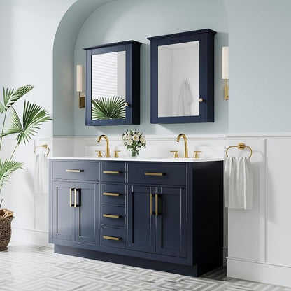 60-Inch Bathroom Vanity with Double Sinks W/ 4 Doors & 4 Drawers & 2 Flip Drawers, Navy Blue Vanity W/Brushed Gold Handles