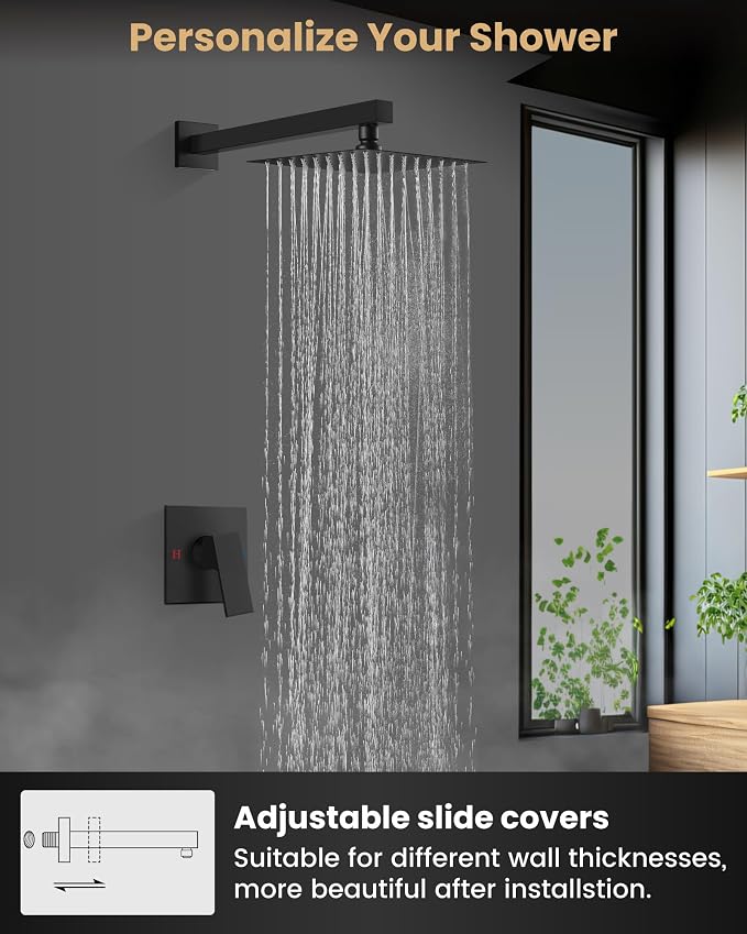 Airuida 8 Inch Matte Black Shower Faucet Set,Shower Valve Kit | Rainfall Shower Head and Handle Set,Female Thread Rough-in Valve Shower Kit,Single Function Shower System