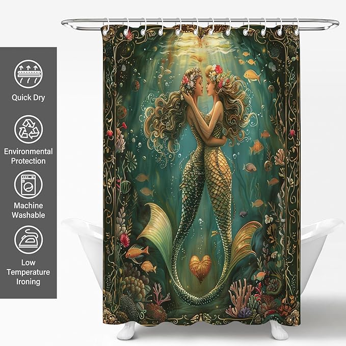 Fantasy Green Mermaid Shower Curtains,Ocean Theme Fish Shower Curtain,Romantic Waterproof Polyester Bath Curtain for Daughter Girl Women,Mermaid Bathroom Decor for Nautical Style,72x72 Inch