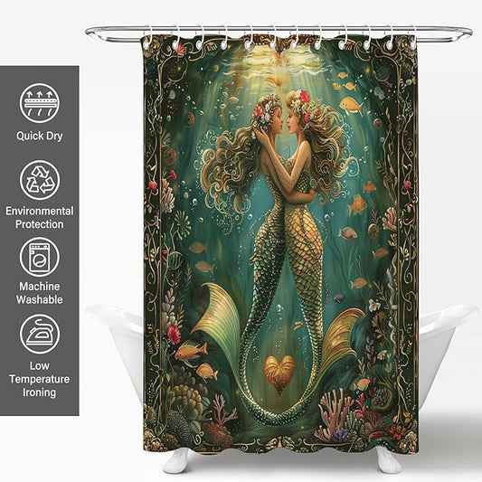 Fantasy Green Mermaid Shower Curtains,Ocean Theme Fish Shower Curtain,Romantic Waterproof Polyester Bath Curtain for Daughter Girl Women,Mermaid Bathroom Decor for Nautical Style,72x72 Inch