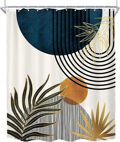 KOMLLEX Mid Century Blue Boho Abstract Modern Bathroom Shower Curtain Set | 72Wx84L Plant Botanical design, waterproof HD print with fast-drying fabric and 12 hooks.