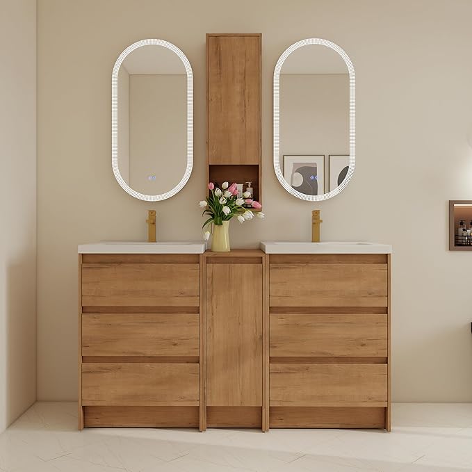 60" Bathroom Vanity Set, 60 Inch Modern Freestanding Vanity with 6 Drawers and 1 Wall-Mounted Side Cabinet, Double Resin Sinks Floor Stand Cabinet Set Imitative Oak
