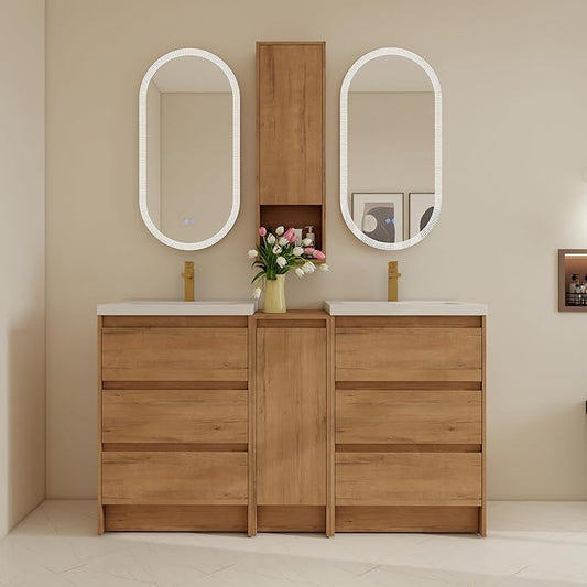 60" Bathroom Vanity Set, 60 Inch Modern Freestanding Vanity with 6 Drawers and 1 Wall-Mounted Side Cabinet, Double Resin Sinks Floor Stand Cabinet Set Imitative Oak