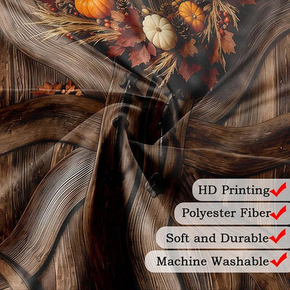 Fall Rustic Barn Door Shower Curtain, Autumn Thanksgiving Pumpkin Farmhouse Brown Wood Board Shower Curtain Set Bathroom, Western Farm Harvest Fabric Bath Decor with Hooks,70X75IN