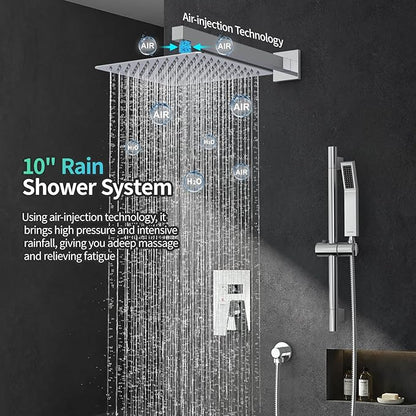 SR SUN RISE 10 Inch Square Shower Faucet, Adjustable 16-Inch Slide Bar Hand Held Shower with Hose, Square Rain Shower Head and Handheld Spray Included Valve and Shower Trim Kit, Polished Chrome