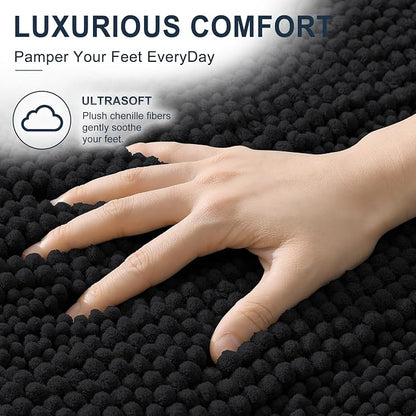 Smiry Thick Chenille Large Bathroom Runner Rugs 40x32, Soft Bath Mat, Black | Quick‑Dry & Machine Washable, Non‑Slip Bath Carpet, Striped Bath Rugs for Tub & Shower, Modern Home Decor Accessories