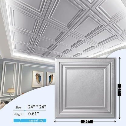 Art3d PVC Ceiling Tiles, 2'x2' Plastic Sheet in Argent Silver (12-Pack)