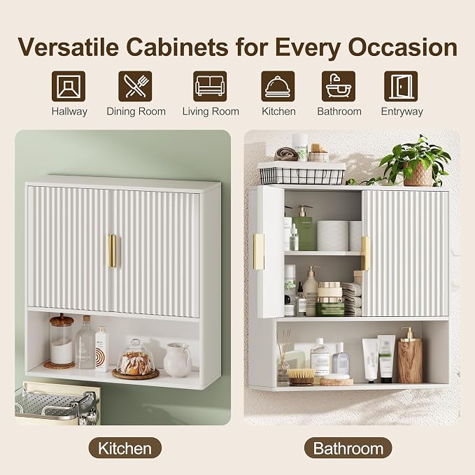 Bathroom Wall Storage Cabinet, Over the Toilet Storage Cabinet with Fluted Doors & Adjustable Shelf, Wood Medicine Cabinet Wall Mounted for Bathroom, Laundry Room & Kitchen, Natural Oak