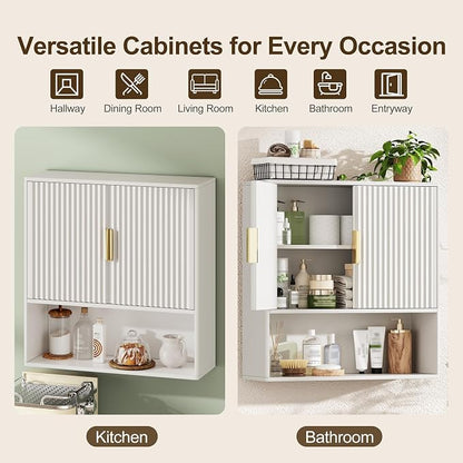 Bathroom Wall Storage Cabinet, Over the Toilet Storage Cabinet with Fluted Doors & Adjustable Shelf, Wood Medicine Cabinet Wall Mounted for Bathroom, Laundry Room & Kitchen, Natural Oak
