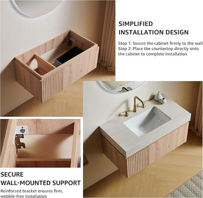 36” Floating Bathroom Vanity with Sink, Wall-Mounted Cabinet with Drawer & Doors, Roma Travertine-Pattern Countertop, Undermount Basin, 3 Faucet Hole, Soft-Close, Pre-Assembled, Light Oak