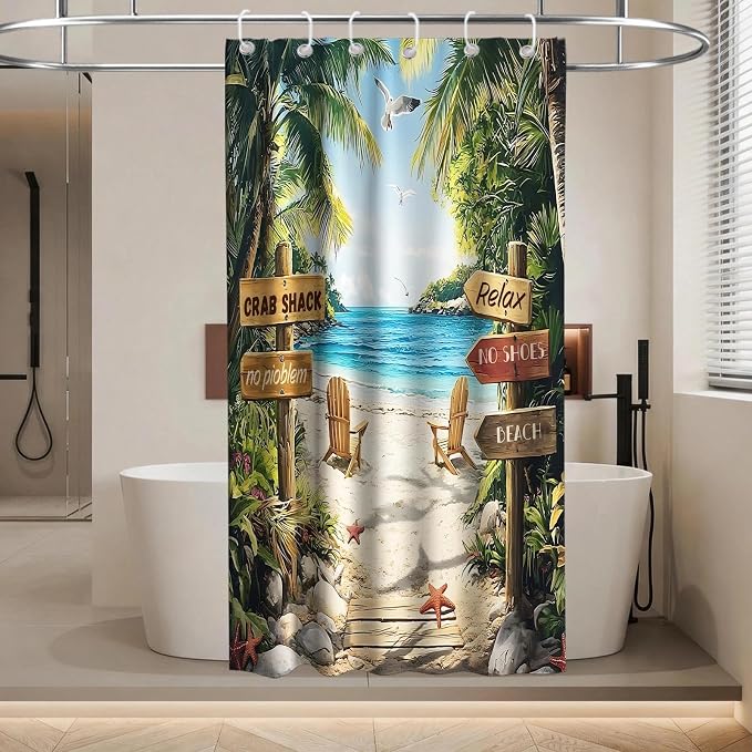 Summer Luxury Beach Shower Curtain Modern Coastal Tropical Palm Tree Pretty | Unique Shower Curtains for Bathroom, Waterproof Bath Curtain with Hooks Machine Washable Bathtub Curtains 36x72 Inch Geeen