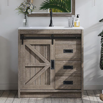 31" Farmhouse Sliding Barn Door Bathroom Vanity with Sink Combo, Bathroom Vanity Cabinet with Drawers & Metal Handles, Freestanding, Gray