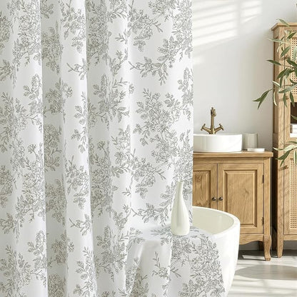 Grey Floral Shower Curtain W72*L72 Inches Long | Linen Textured Fabric, 12 Rustproof Metal Hooks, Wrinkle Resistant Cloth, Machine Washable, Bathroom Decor for Cottage Core