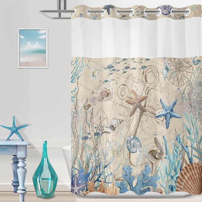 No Hook Shower Curtain and Liner Set, Retro Brown Beach Coastal 71x84 | Nautical Ocean for Bathroom, with Snap in Liner Replacement, Mesh Top Window, Waterproof, Machine Washable, Quick-Drying