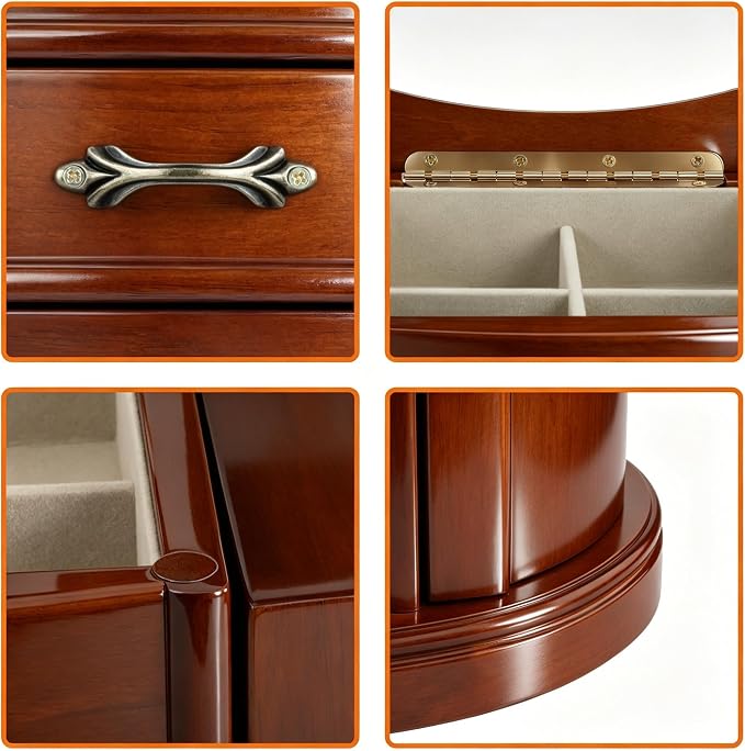RR ROUND RICH Solid Wood Jewelry Box for Women Brown | Large Capacity Organizer with Rotating Necklace Holder, Mirror & 4 Drawers, Vintage Brown Gift Box