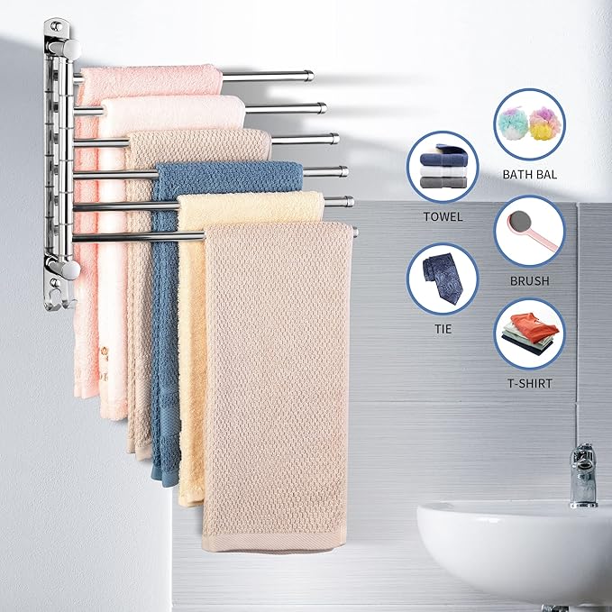 Swivel Towel Rack, 12.6 Inch Towel Bar with Wall Mounted 180° Rotation, 6 Arms Towel Hanger SUS 304 Stainless Steel, Space Saving for Kitchen, Bathroom, Outdoor, Mirror Polish