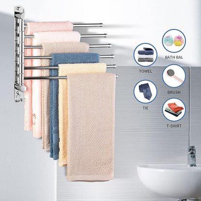 Swivel Towel Rack, 12.6 Inch Towel Bar with Wall Mounted 180° Rotation, 6 Arms Towel Hanger SUS 304 Stainless Steel, Space Saving for Kitchen, Bathroom, Outdoor, Mirror Polish