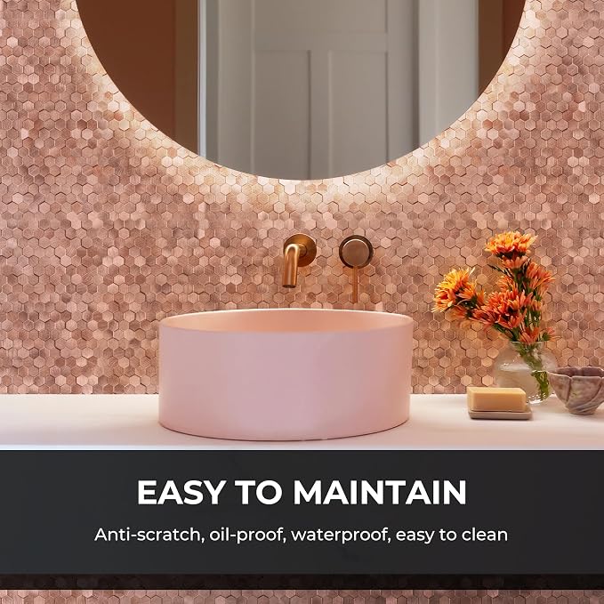 STICKGOO Peel and Stick Backsplash Tiles, Stick on Mosaic Self Adhesive Tiles, 3D Hexagon Backsplash for Kitchen Bathroom Fireplace Vanity (8PCS, Rose Gold)