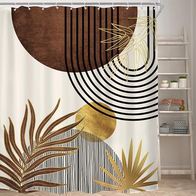 Mid Century Brown Boho Abstract Modern Beige Bathroom Shower Curtain Set | 72Wx84H Gold Geometric design, waterproof HD print with fast-drying fabric and 12 hooks.